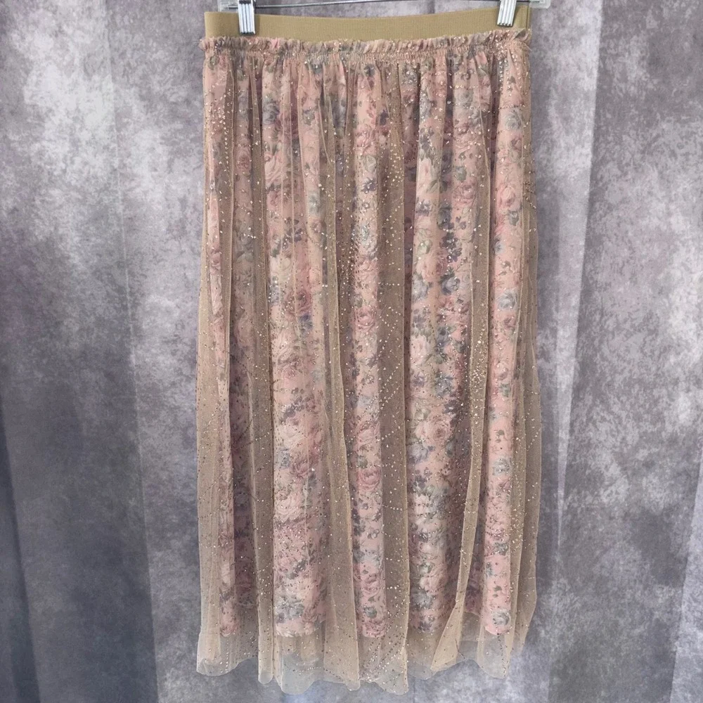 NWT Blue B Women M Pink Floral Fairy Ethereal Glitter Tulle Maxi Skirt - Picture 10 of 10